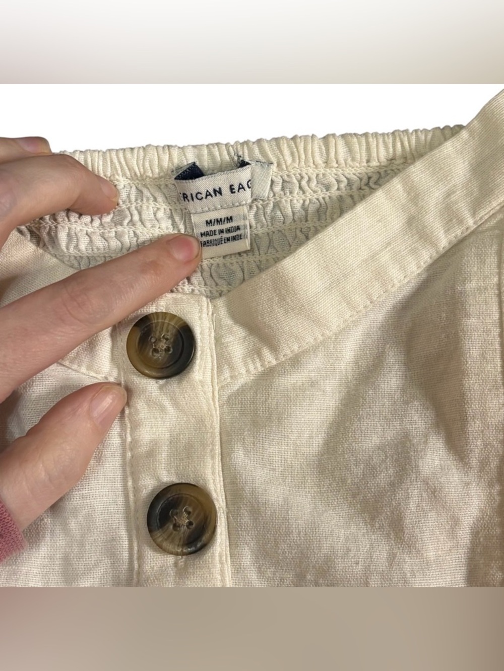 American Eagle Linen Blend Jumpsuit Cream Wide Leg Button Front Cropped Leg Sz M - Picture 5 of 5